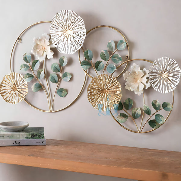 Gold/White/Green Floral And Overlapping Circles (Venn Diagram) Handcrafted Metal Wall Hanging (Wall Decor) Available Exclusively At Shahi Sajawat India,the world of home decor products.Best trendy home decor, office decor, restaurant decor, living room, kitchen and bathroom decor ideas of 2023.