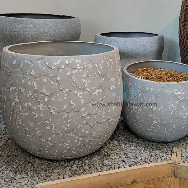 Grey And White Glazed Like Bowl Shaped FRP (Fiberglass) Indoor And Outdoor Planters Are Lightweight, Durable, Weather Resistant, UV Resistant Made For Residential And Commercial Spaces, Available Exclusively On Shahi Sajawat India, the world of home decor products. Best trendy home decor, office decor, restaurant decor living room, kitchen and bathroom decor ideas of 2024.