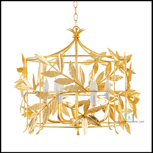 Gold Floral Iron Cage Handcrafted Chandelier With 6 Candelabra Base Bulbs, AC Power Source and Voltage Of 90-260V, Available exclusively on Shahi Sajawat India,the world of home decor products.Best trendy home decor, office, restaurant, living room and kitchen decor ideas of 2025.