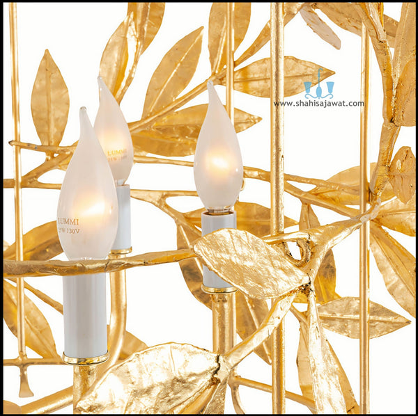 Gold Floral Iron Cage Handcrafted Chandelier With 6 Candelabra Base Bulbs, AC Power Source and Voltage Of 90-260V, Available exclusively on Shahi Sajawat India,the world of home decor products.Best trendy home decor, office, restaurant, living room and kitchen decor ideas of 2025.