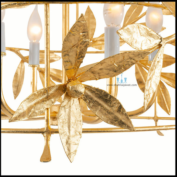 Gold Floral Iron Cage Handcrafted Chandelier With 6 Candelabra Base Bulbs, AC Power Source and Voltage Of 90-260V, Available exclusively on Shahi Sajawat India,the world of home decor products.Best trendy home decor, office, restaurant, living room and kitchen decor ideas of 2025.