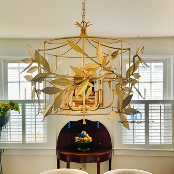 Gold Floral Iron Cage Handcrafted Chandelier With 6 Candelabra Base Bulbs, AC Power Source and Voltage Of 90-260V, Available exclusively on Shahi Sajawat India,the world of home decor products.Best trendy home decor, office, restaurant, living room and kitchen decor ideas of 2025.