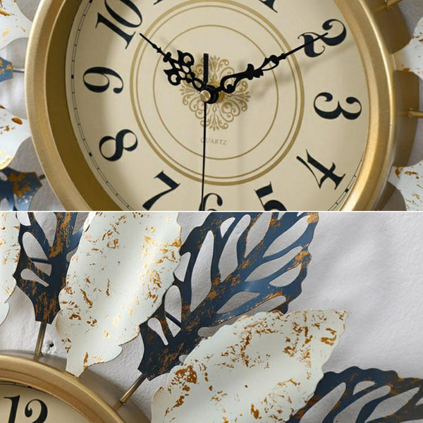White, Blue, Gold Circular Nordic Leaves Quartz Metal (Wrought Iron) Wall Clocks Of Size 70×70cm, With Single Face Form And Needle Display, available exclusively on Shahi Sajawat India, the world of home decor products.Best trendy home decor, living room, kitchen and bathroom decor ideas of 2022.