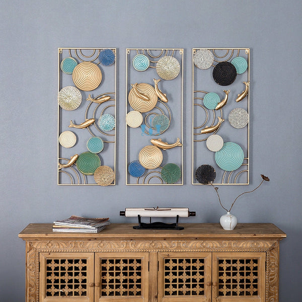Multicoloured Framed Circles And Fishes 3 Piece Handcrafted Metal Wall Hanging (Wall Decor) In Mediterranean Style, Available Exclusively On Shahi Sajawat India, the world of home decor products.Best trendy home decor, living room, kitchen and bathroom decor ideas of 2022.