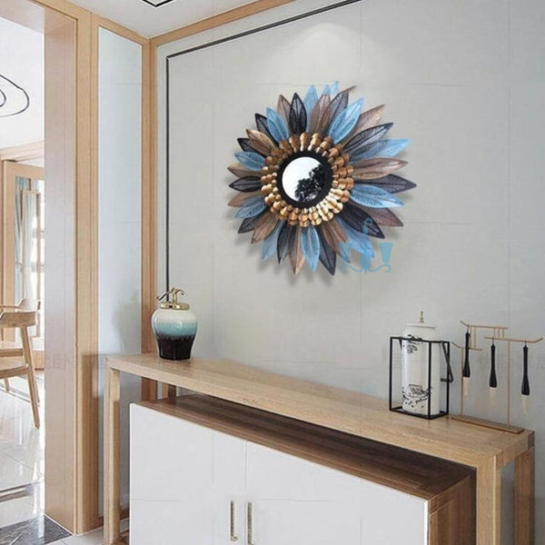 Blue And Gold Nordic Leaves Framed Metal Wall Mirrors Of Size 60/70/80cm, Are Waterproof, High Definition And Scratch Resistant, exclusively on Shahi Sajawat India, the world of home decor products. Best trendy home decor, living room, kitchen and bathroom decor ideas of 2022.