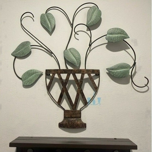 Green And Rustic Brown Basket Pot With Vines And Leaves Handcrafted Metal Wall Hanging (Wall Decor) Of Size 23×23inch, Available Exclusively At Shahi Sajawat India, the world of home decor products.Best trendy home decor, office decor, restaurant decor, living room, kitchen and bathroom decor ideas of 2022.