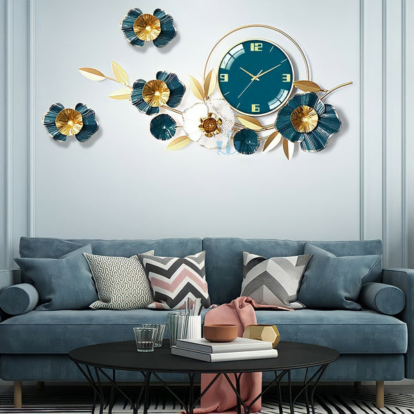 Blue Gold/White Gold Floral And Leaves Handcrafted Quartz Metal (Wrought Iron) Wall Clock Is Asymmetrical And Horizontal With Single Face Form And Needle Display, available exclusively on Shahi Sajawat India, the world of home decor products.Best trendy home decor, office decor, restaurant decor, living room, kitchen and bathroom decor ideas of 2022.