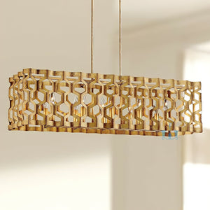 Gold Honeycomb Steel Handcrafted Island 10 Light Pendant Lights With Candelabra Base Type, AC Power Source And Chain Pendant Installation available exclusively on Shahi Sajawat India, the world of home decor products.Best trendy home decor, office decor, restaurant decor, living room, kitchen and bathroom decor ideas of 2022.