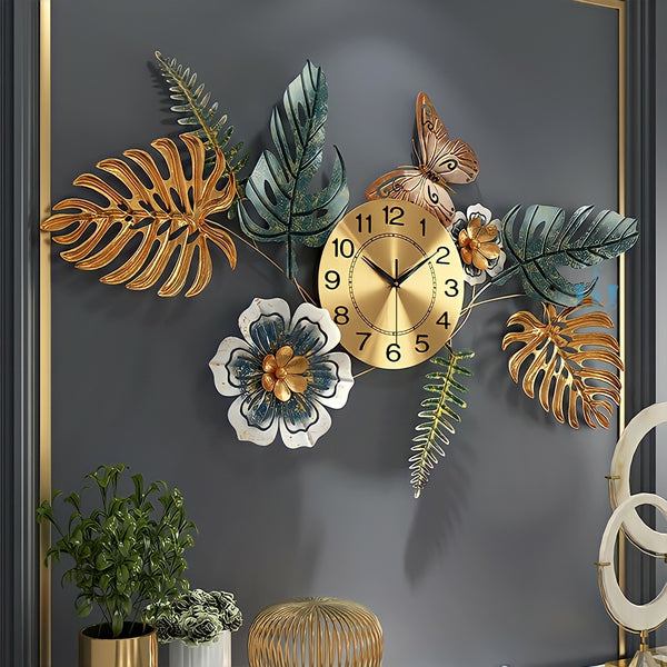 Green And Gold Monstera Leaves Handcrafted Quartz Metal (Iron) Wall Clock Is Asymmetrical With Single Face Form And Needle Display, available exclusively on Shahi Sajawat India, the world of home decor products.Best trendy home decor, office decor, restaurant decor, living room, kitchen and bathroom decor ideas of 2022.