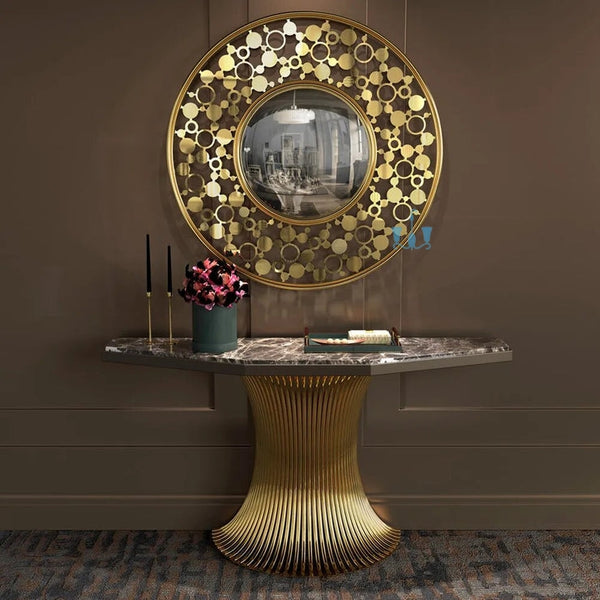 Large Gold Luxurious Circle Design Metal Wall Mirror Of Size 100×100cm Is Waterproof, Scratch Resistant And Corrosion Resistant, available exclusively on Shahi Sajawat India, the world of home decor products.Best trendy home decor, living room, kitchen and bathroom decor ideas of 2022.