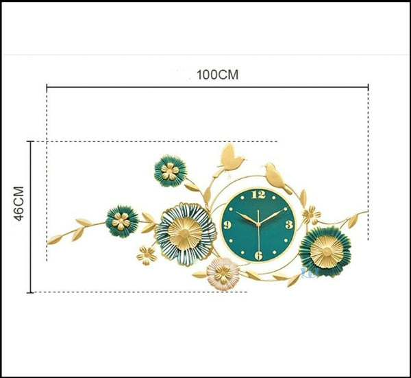 Green And Gold Flower And Birds Handcrafted Quartz Metal Wall Clock Is Asymmetrical And Horizontal With Single Face Form And Needle Display, available exclusively on Shahi Sajawat India, the world of home decor products.Best trendy home decor, office decor, restaurant decor, living room, kitchen and bathroom decor ideas of 2023.
