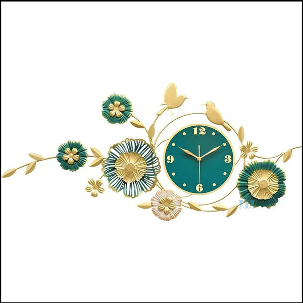 Green And Gold Flower And Birds Handcrafted Quartz Metal Wall Clock Is Asymmetrical And Horizontal With Single Face Form And Needle Display, available exclusively on Shahi Sajawat India, the world of home decor products.Best trendy home decor, office decor, restaurant decor, living room, kitchen and bathroom decor ideas of 2023.