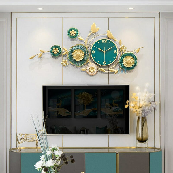 Green And Gold Flower And Birds Handcrafted Quartz Metal Wall Clock Is Asymmetrical And Horizontal With Single Face Form And Needle Display, available exclusively on Shahi Sajawat India, the world of home decor products.Best trendy home decor, office decor, restaurant decor, living room, kitchen and bathroom decor ideas of 2023.