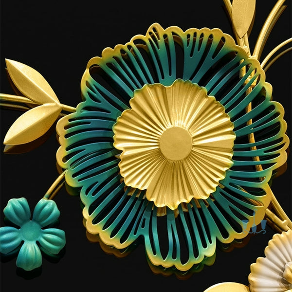 Green And Gold Flower And Birds Handcrafted Quartz Metal Wall Clock Is Asymmetrical And Horizontal With Single Face Form And Needle Display, available exclusively on Shahi Sajawat India, the world of home decor products.Best trendy home decor, office decor, restaurant decor, living room, kitchen and bathroom decor ideas of 2023.