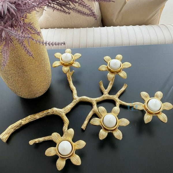 Gold Floral Sprig (Branch) Handcrafted Metal 5 Tealight Candle Holder Cum Sculpture (Figurine), Available exclusively on Shahi Sajawat India, the world of home decor products. Best trendy home decor, office decor, living room, kitchen and bathroom decor ideas of 2023.