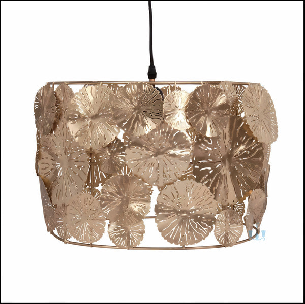 Gold Handcrafted Etched Lotus Leaves Metal Drum Pendant Light With E27 Base Type, AC Power Source and Voltage Of 90-260V, available exclusively on Shahi Sajawat India,the world of home decor products.Best trendy home decor, office, restaurant, living room and kitchen decor ideas of 2023.