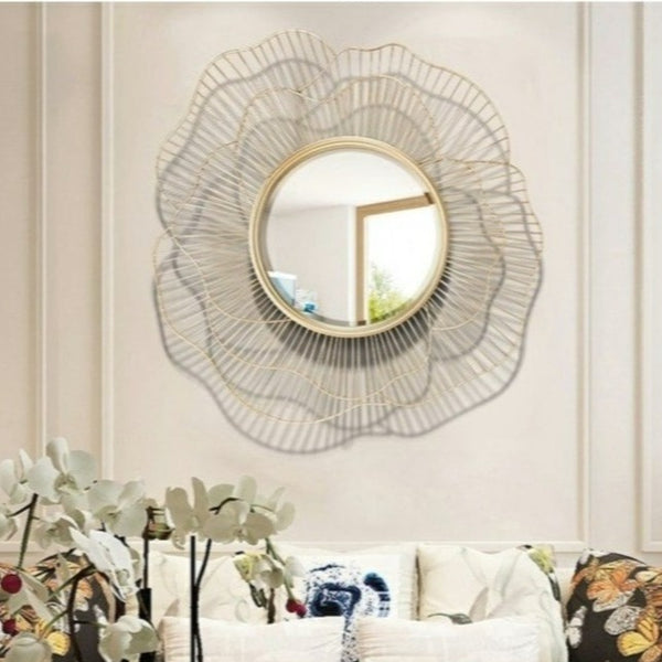Large Golden 3D Flower Patterned Wrought Iron Wall Mirror Of  Appearance Size of 85×85cm and Mirror Size of 4.5×4.5cm.. Mirror is waterproof, corrosion resistant and scratch resistant, available exclusively on Shahi Sajawat India, the world of home decor products.Best trendy home decor, living room and kitchen decor ideas of 2019.