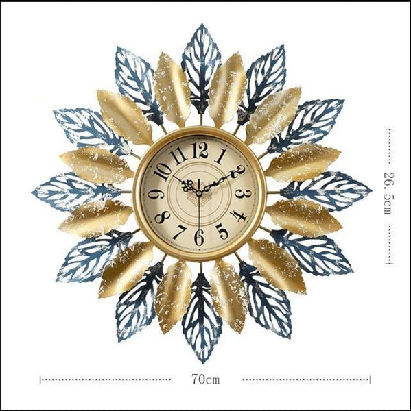White, Blue, Gold Circular Nordic Leaves Quartz Metal (Wrought Iron) Wall Clocks Of Size 70×70cm, With Single Face Form And Needle Display, available exclusively on Shahi Sajawat India, the world of home decor products.Best trendy home decor, living room, kitchen and bathroom decor ideas of 2022.