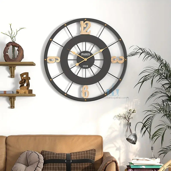 Black And Gold Arabic Numeral Modern Retro Handcrafted Quartz Metal (Iron) Circular Wall Clock With Single Face Form And Needle Display, available exclusively on Shahi Sajawat India, the world of home decor products.Best trendy home decor, office decor, restaurant decor, living room, kitchen and bathroom decor ideas of 2024.