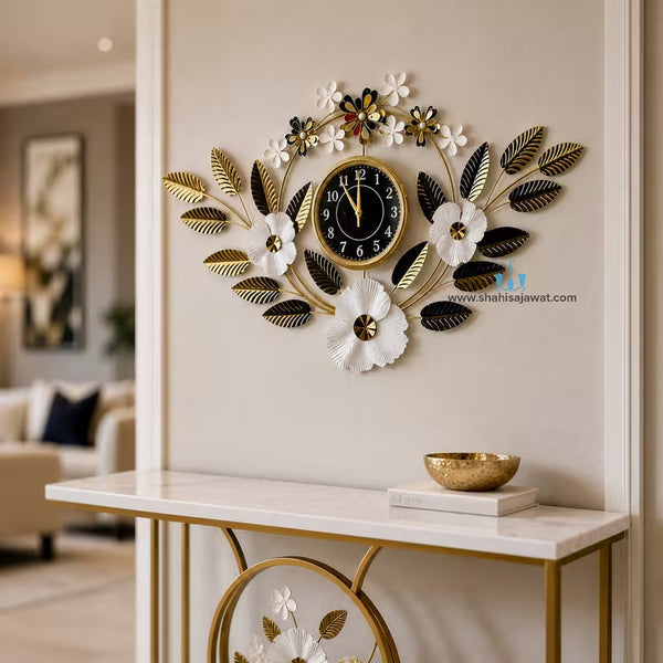 Adorable V Shaped Floral Gold Contemporary Handcrafted Quartz Metal (Iron) Wall Clock With Single Face Form And Needle Display, available exclusively on Shahi Sajawat India. Best trendy home decor, office decor, restaurant decor, living room, kitchen and bathroom decor ideas of 2026.