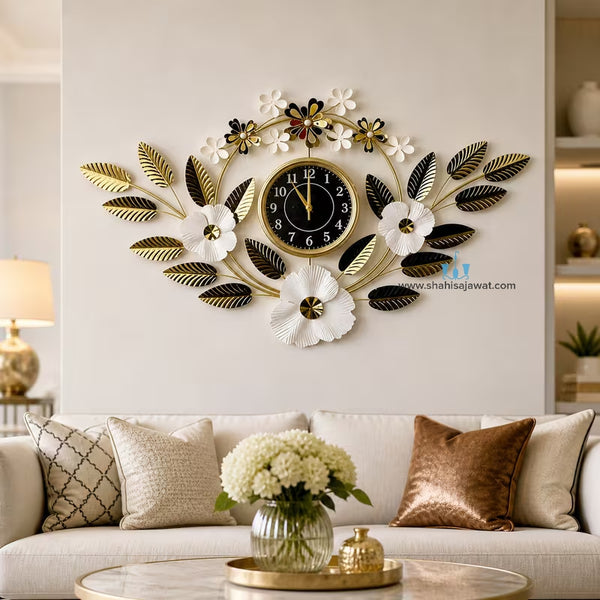 Adorable V Shaped Floral Gold Contemporary Handcrafted Quartz Metal (Iron) Wall Clock With Single Face Form And Needle Display, available exclusively on Shahi Sajawat India. Best trendy home decor, office decor, restaurant decor, living room, kitchen and bathroom decor ideas of 2026.