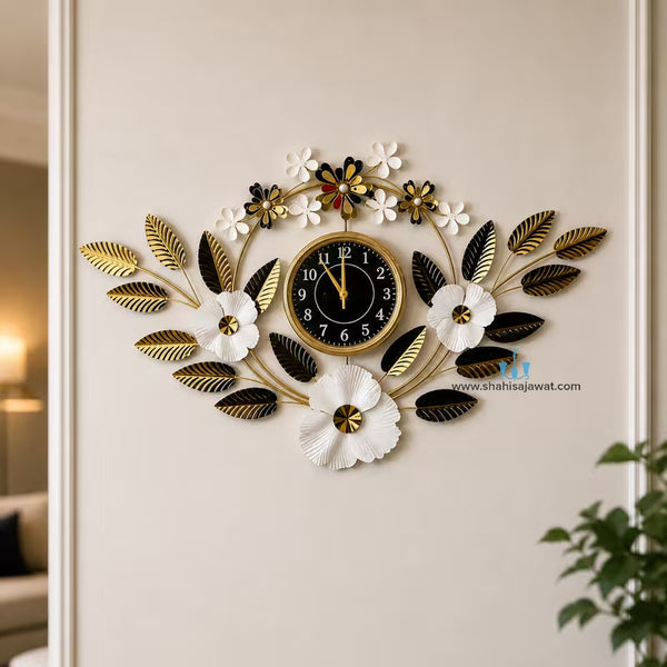 Adorable V Shaped Floral Gold Contemporary Handcrafted Quartz Metal (Iron) Wall Clock With Single Face Form And Needle Display, available exclusively on Shahi Sajawat India. Best trendy home decor, office decor, restaurant decor, living room, kitchen and bathroom decor ideas of 2026.