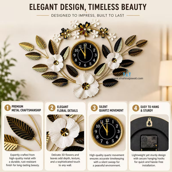 Adorable V Shaped Floral Gold Contemporary Handcrafted Quartz Metal (Iron) Wall Clock With Single Face Form And Needle Display, available exclusively on Shahi Sajawat India. Best trendy home decor, office decor, restaurant decor, living room, kitchen and bathroom decor ideas of 2026.