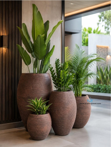 Black Vase Shaped FRP (Fiberglass) Indoor And Outdoor Planters Are Lightweight, Durable, Weather Resistant, UV Resistant Made For Residential And Commercial Spaces, Available Exclusively On Shahi Sajawat India, the world of home decor products. Best trendy home decor, office decor, restaurant decor, malls, airports, hotels and resort decor ideas of 2026.