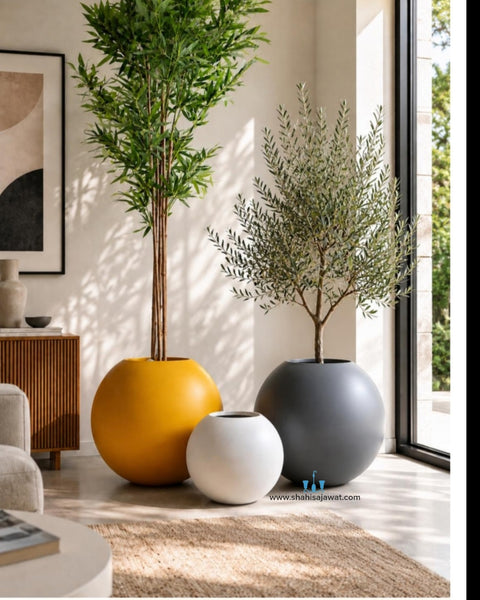 Three matte spherical planters in mustard yellow, white, and charcoal gray holding small potted trees, styled in a bright modern living room.