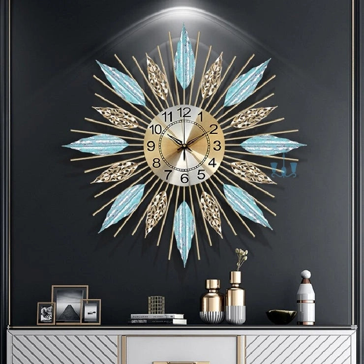 Resplendent Nordic Blue And Gold Metal Wall Clock