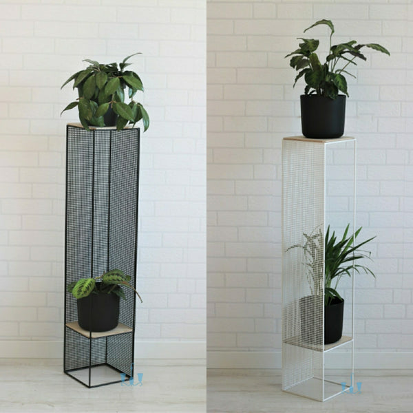 Black/White Lofty Wire Mesh Handcrafted (Metal) Floor Indoor Planters With Wooden Top And Shelf Available Exclusively On Shahi Sajawat India, the world of home decor products. Best trendy home decor, office decor, restaurant decor living room, kitchen and bathroom decor ideas of 2023.