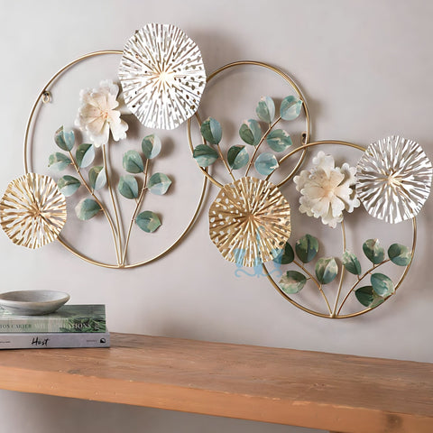 Gold/White/Green Floral And Overlapping Circles (Venn Diagram) Handcrafted Metal Wall Hanging (Wall Decor) Available Exclusively At Shahi Sajawat India,the world of home decor products.Best trendy home decor, office decor, restaurant decor, living room, kitchen and bathroom decor ideas of 2023.