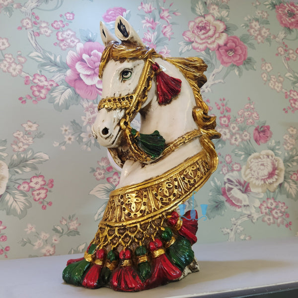 Regal White And Gold Resin Horse Bust With Embossed Jewellery Painting Of Size 15inch, available exclusively on Shahi Sajawat India, the world of home decor products. Best trendy home decor, living room, kitchen and bathroom, office and restaurant decor ideas of 2023.