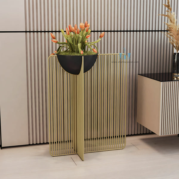 Black/Gold Modern Sleek Handcrafted (Metal) Floor Indoor Planters With Iron Rail Stand And Oval Pot, Available Exclusively On Shahi Sajawat India, the world of home decor products. Best trendy home decor, office decor, restaurant decor living room, kitchen and bathroom decor ideas of 2023.