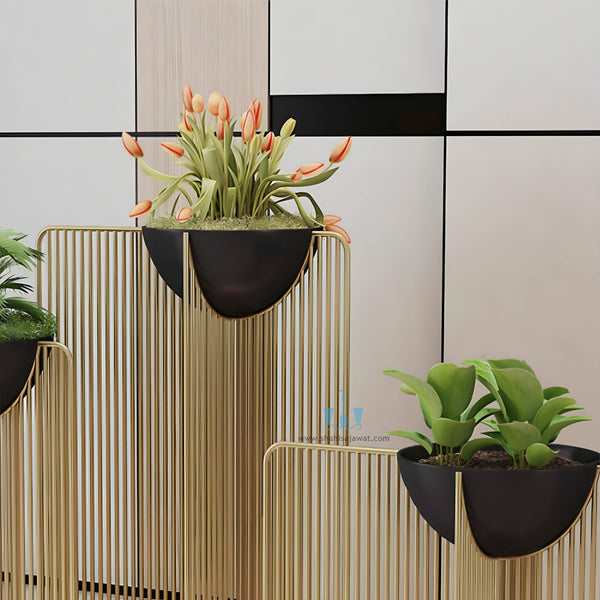 Black/Gold Modern Sleek Handcrafted (Metal) Floor Indoor Planters With Iron Rail Stand And Oval Pot, Available Exclusively On Shahi Sajawat India, the world of home decor products. Best trendy home decor, office decor, restaurant decor living room, kitchen and bathroom decor ideas of 2023.