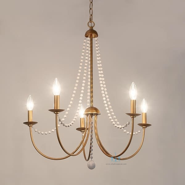 Gold And White 5 Light Mid-century Modern Chandelier With Wood Beads, Chain Pendant Installation, Candelabra Base Type, AC Power Source, 90-260V, available exclusively on Shahi Sajawat India, the world of home decor products.Best trendy home decor, living room, kitchen and bathroom decor ideas of 2023.