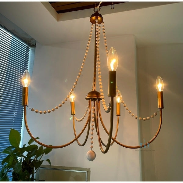 Gold And White 5 Light Mid-century Modern Chandelier With Wood Beads, Chain Pendant Installation, Candelabra Base Type, AC Power Source, 90-260V, available exclusively on Shahi Sajawat India, the world of home decor products.Best trendy home decor, living room, kitchen and bathroom decor ideas of 2023.