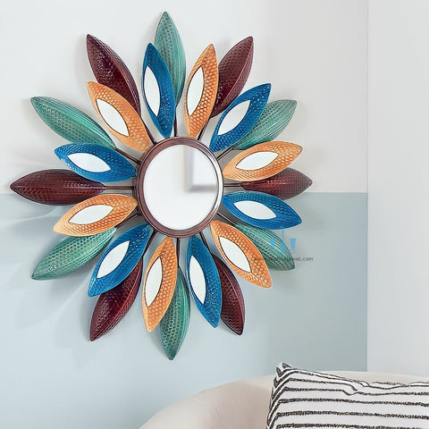 Multicolored Handcrafted Sunburst Contemporary Metal (Iron) Wall Mirror, Comes Ready To Hang, Available exclusively on Shahi Sajawat India, the world of home decor products.Best trendy home decor, office decor, restaurant decor, living room, kitchen and bathroom decor ideas of 2023.