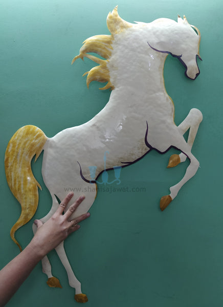 White And Gold Abstract Handcrafted Jumping Arabian Horse Metal Wall Hanging (Wall Decor) Available Exclusively At Shahi Sajawat India,the world of home decor products.Best trendy home decor, office decor, restaurant decor, living room, kitchen and bathroom decor ideas of 2024.