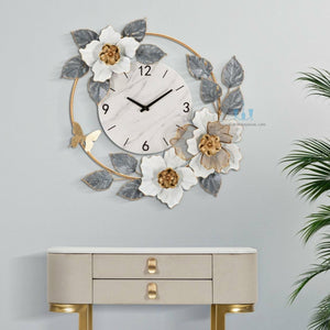 Grey, White And Gold Romantic Garden Floral Handcrafted Quartz Metal (Iron) Circular Wall Clock With Single Face Form And Needle Display, available exclusively on Shahi Sajawat India, the world of home decor products.Best trendy home decor, office decor, restaurant decor, living room, kitchen and bathroom decor ideas of 2024.