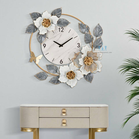 Grey, White And Gold Romantic Garden Floral Handcrafted Quartz Metal (Iron) Circular Wall Clock With Single Face Form And Needle Display, available exclusively on Shahi Sajawat India, the world of home decor products.Best trendy home decor, office decor, restaurant decor, living room, kitchen and bathroom decor ideas of 2024.