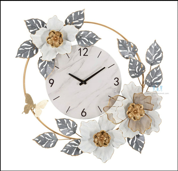 Grey, White And Gold Romantic Garden Floral Handcrafted Quartz Metal (Iron) Circular Wall Clock With Single Face Form And Needle Display, available exclusively on Shahi Sajawat India, the world of home decor products.Best trendy home decor, office decor, restaurant decor, living room, kitchen and bathroom decor ideas of 2024.