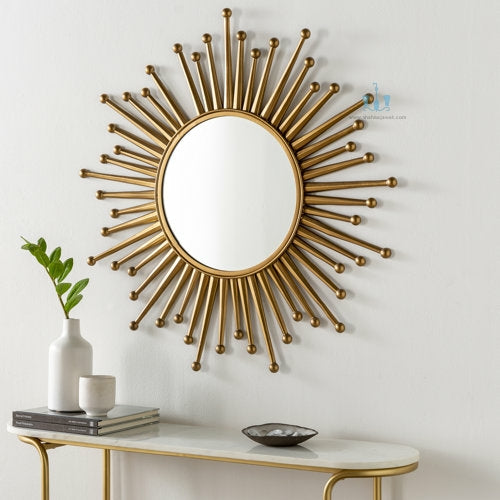 Large Gold Handcrafted Sunburst Contemporary Metal (Iron) Wall Mirror, Comes Ready To Hang, Available exclusively on Shahi Sajawat India, the world of home decor products.Best trendy home decor, office decor, restaurant decor, living room, kitchen and bathroom decor ideas of 2024.