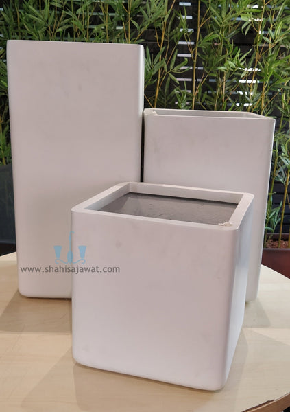 White Square Shaped  FRP (Fiberglass) Indoor And Outdoor Planters Are Lightweight, Durable, Weather Resistant, UV Resistant Made For Residential And Commercial Spaces, Available Exclusively On Shahi Sajawat India, the world of home decor products. Best trendy home decor, office decor, restaurant decor , hotel decor, airports, mall decor ideas of 2024.