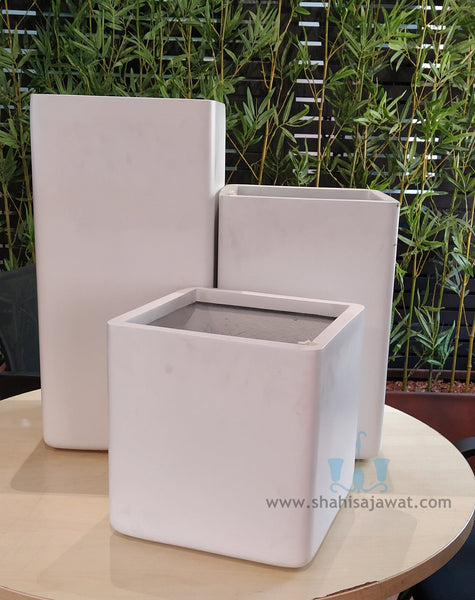 White Square Shaped  FRP (Fiberglass) Indoor And Outdoor Planters Are Lightweight, Durable, Weather Resistant, UV Resistant Made For Residential And Commercial Spaces, Available Exclusively On Shahi Sajawat India, the world of home decor products. Best trendy home decor, office decor, restaurant decor , hotel decor, airports, mall decor ideas of 2024.