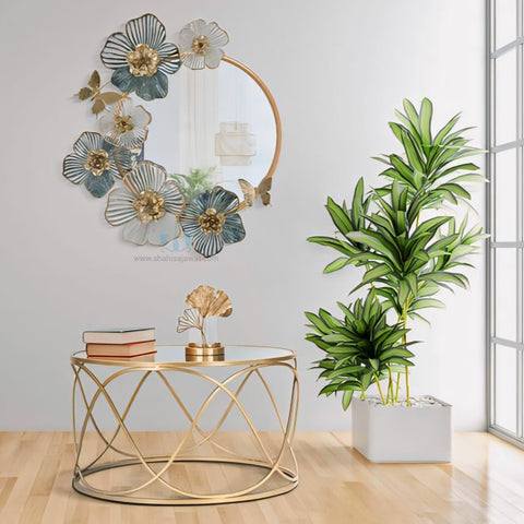 Gold Floral Handcrafted Contemporary Metal (Iron) Round Wall Mirror, Comes Ready To Hang, Available exclusively on Shahi Sajawat India, the world of home decor products.Best trendy home decor, office decor, restaurant decor, living room, kitchen and bathroom decor ideas of 2024.