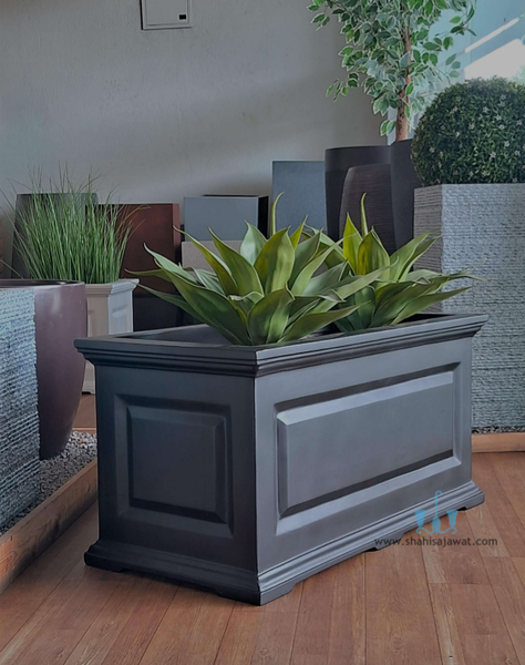Black Carved Rectangular FRP (Fiberglass) Indoor And Outdoor Planters Are Lightweight, Durable, Weather Resistant, UV Resistant Made For Residential And Commercial Spaces, Available Exclusively On Shahi Sajawat India, the world of home decor products. Best trendy home decor, office decor, restaurant decor, hotel decor, airports, mall decor ideas of 2025.