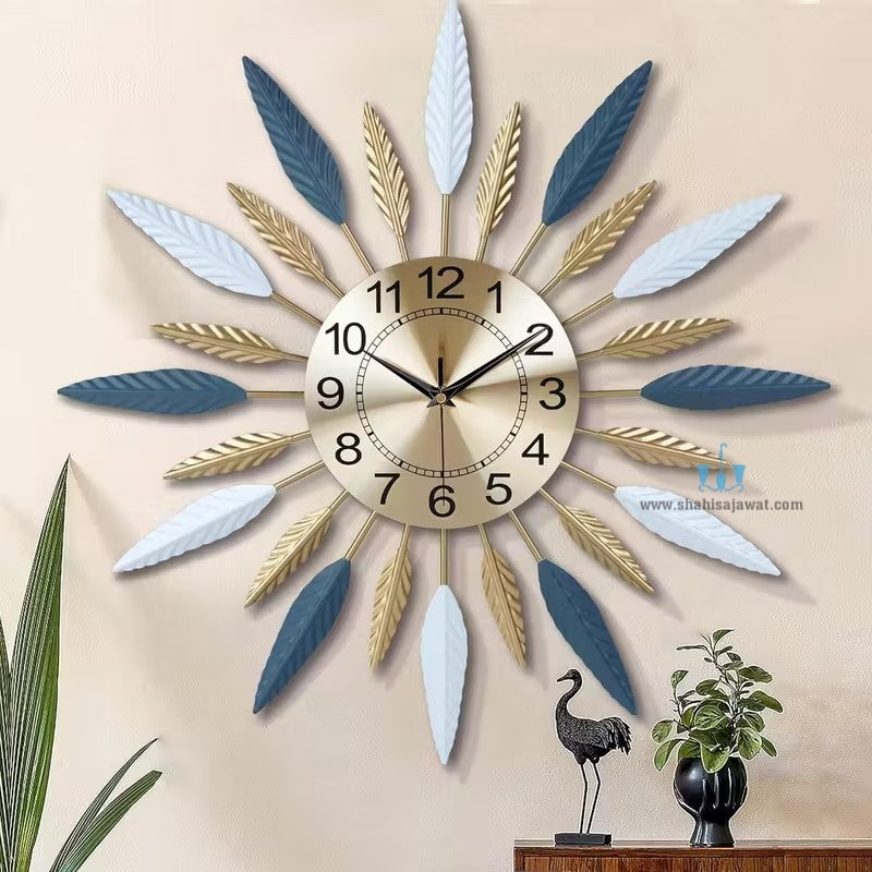 Gold, Blue And White Mid-Century Modern Handcrafted Quartz Metal (Iron) Wall Clock With Single Face Form And Needle Display, available exclusively on Shahi Sajawat India, the world of home decor products.Best trendy home decor, office decor, restaurant decor, living room, kitchen and bathroom decor ideas of 2025.