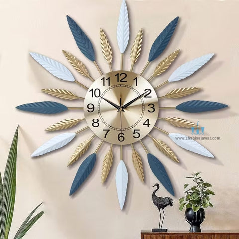 Gold, Blue And White Mid-Century Modern Handcrafted Quartz Metal (Iron) Wall Clock With Single Face Form And Needle Display, available exclusively on Shahi Sajawat India, the world of home decor products.Best trendy home decor, office decor, restaurant decor, living room, kitchen and bathroom decor ideas of 2025.