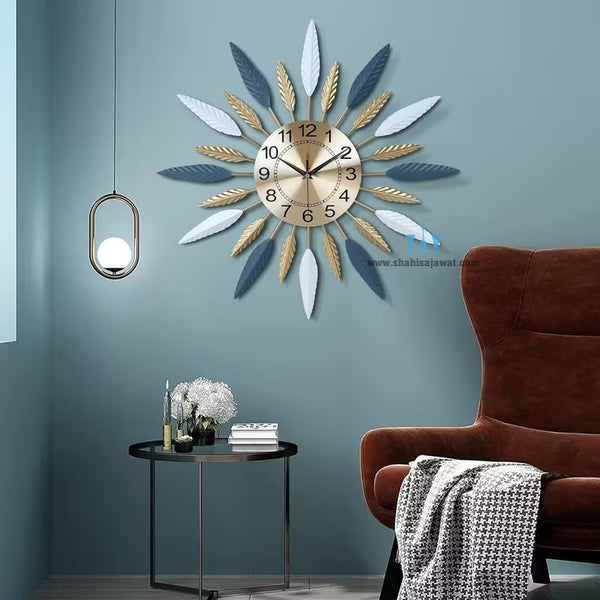 Gold, Blue And White Mid-Century Modern Handcrafted Quartz Metal (Iron) Wall Clock With Single Face Form And Needle Display, available exclusively on Shahi Sajawat India, the world of home decor products.Best trendy home decor, office decor, restaurant decor, living room, kitchen and bathroom decor ideas of 2025.